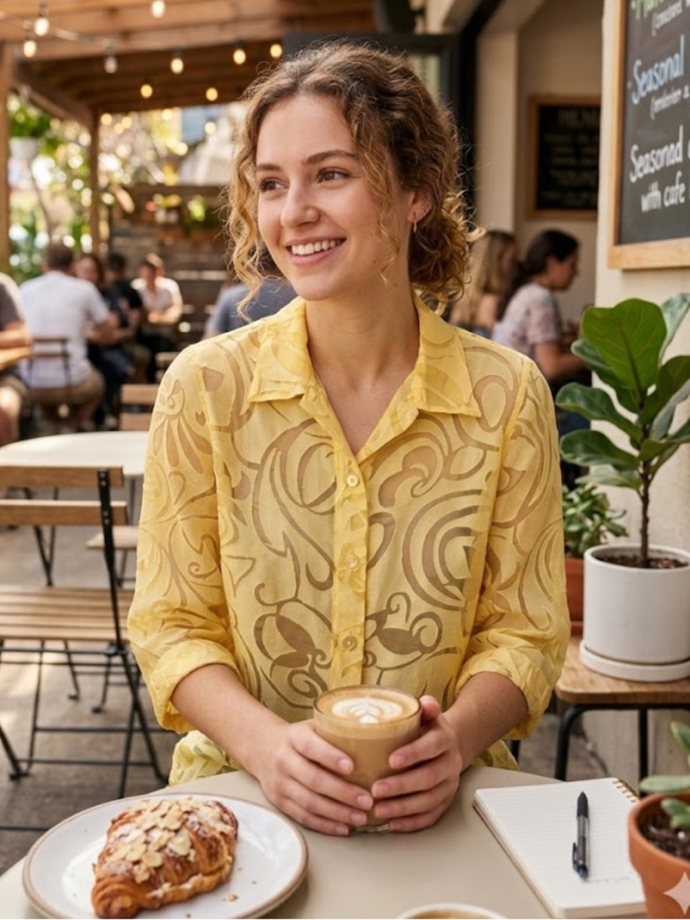 TanJay Yellow Sheer Swirl-Pattern Button-Front Blouse